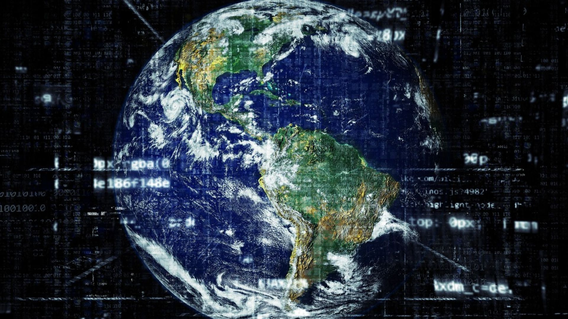 Planeta Terra envolto em uma complexa rede de códigos digitais, simbolizando a fusão entre o mundo físico e a inteligência tecnológica global.